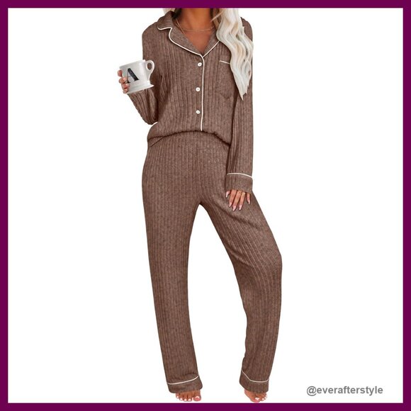 Ribbed Knit Pajama Set Long Sleeve Loose Fit Lounge Sleepwear Chic Minimal